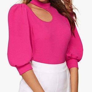 Hot Pink Women's Puff Sleeve Cut Out Neck Keyhole Shirt Blouse